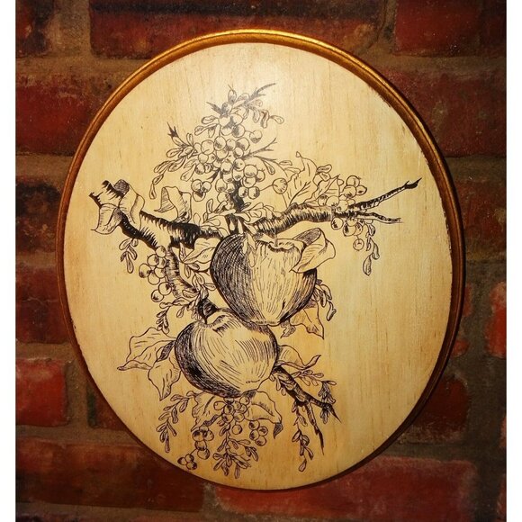 Vintage Hand Drawn Apples Berries & Leaves Wall Hanging on Wood farmhouse decor - Picture 3 of 10
